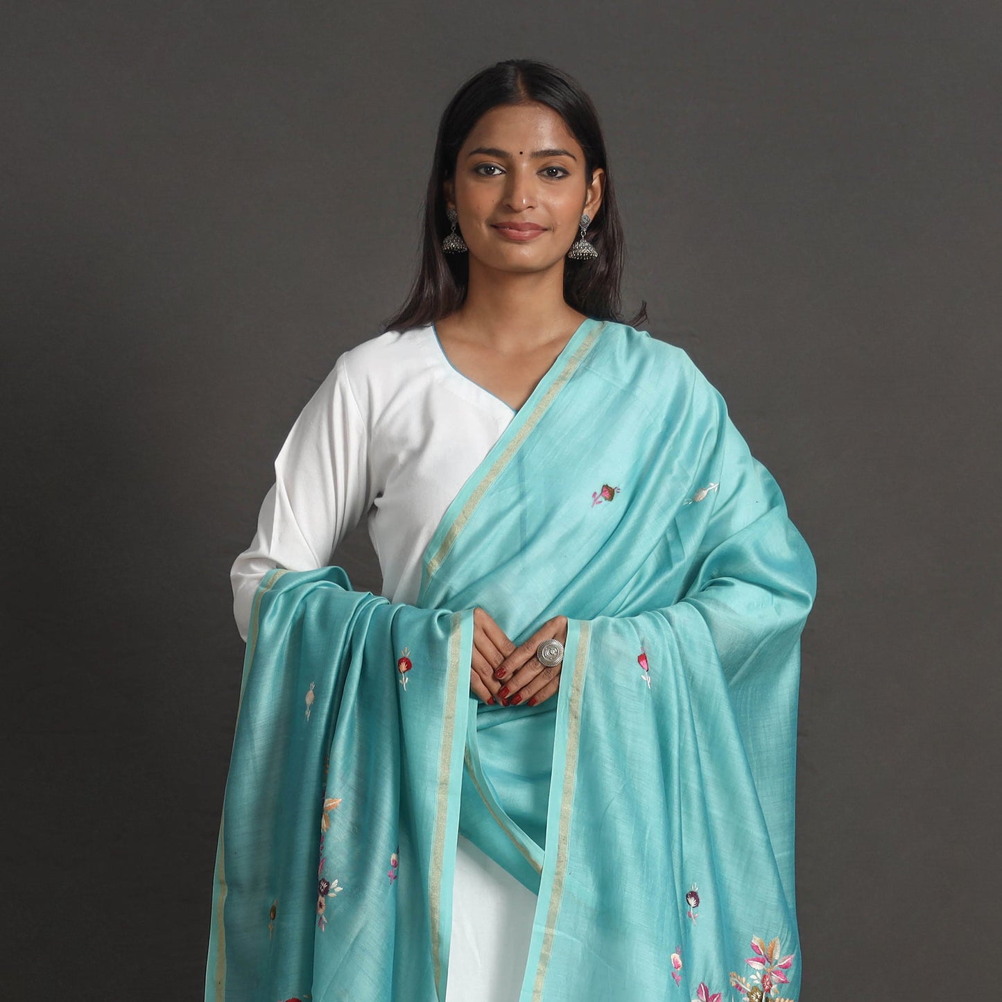 Blue - handloom chanderi silk kashida embroidery dupatta 03