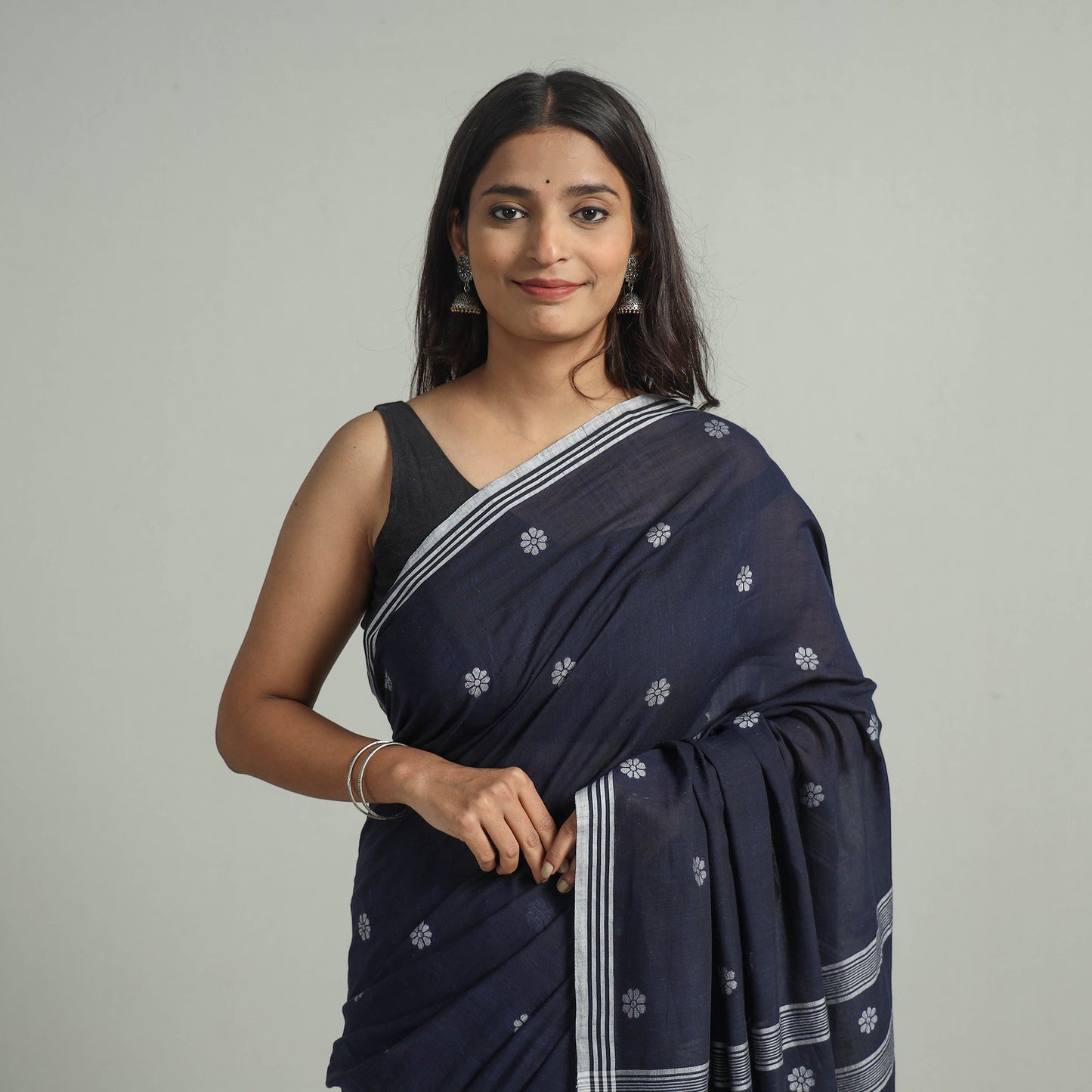 Blue Handloom Cotton Phulia Jamdani Saree with Tassels