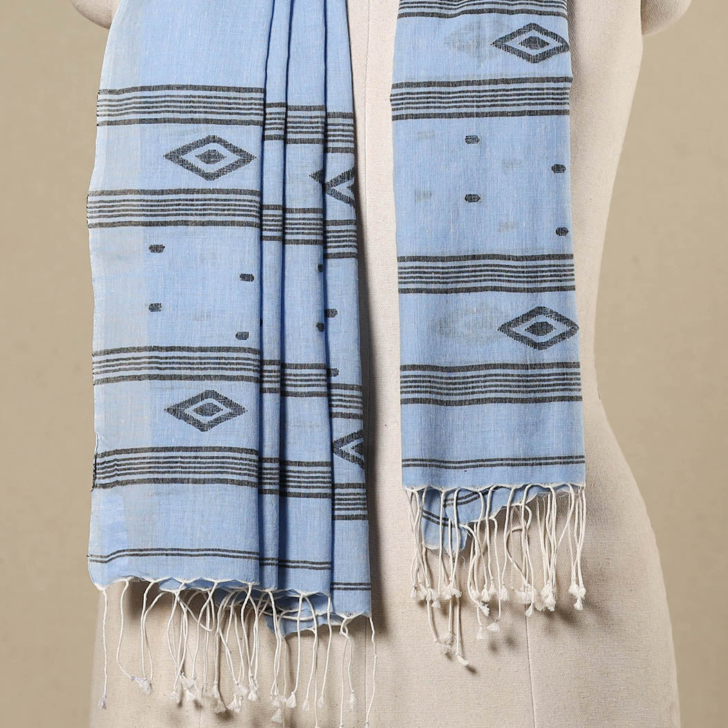 Blue - handloom cotton phulia jamdani stole with tassels 22