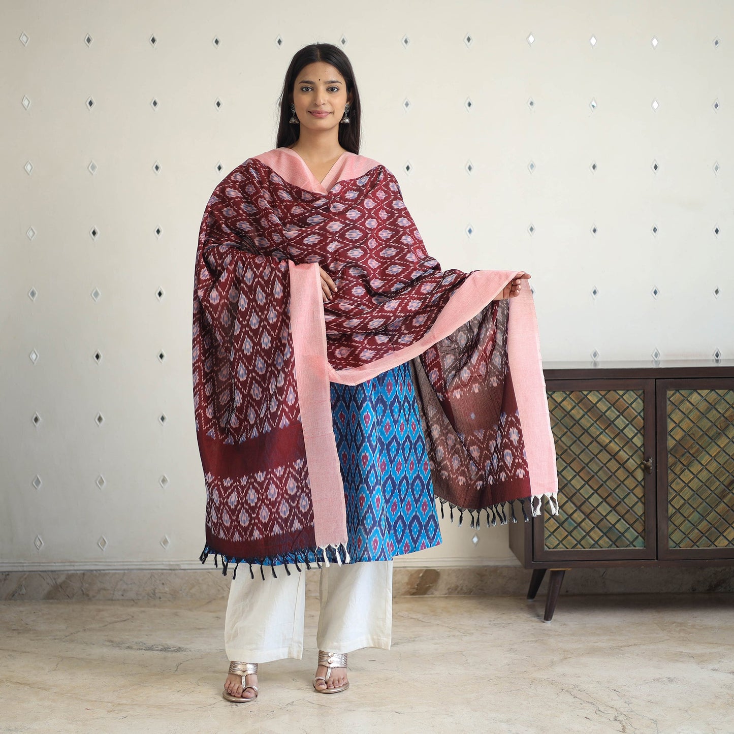 Blue Handloom Cotton Pochampally Ikat Kurta Set (Set of 3)