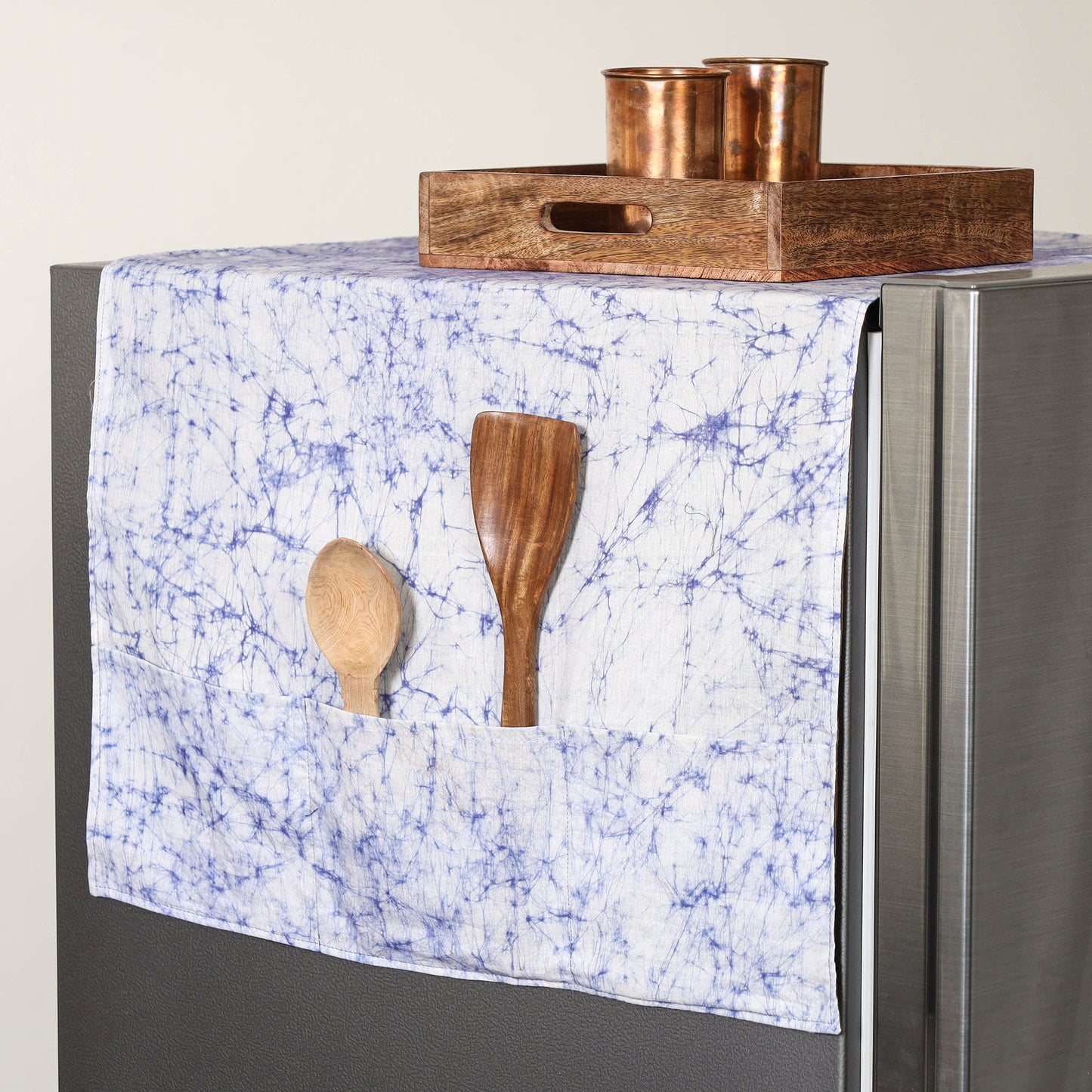 Blue Handmade Cotton Fridge Top Cover with Multiple Pockets