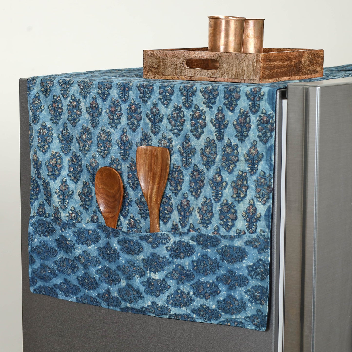 Blue Handmade Cotton Fridge Top Cover with Multiple Pockets