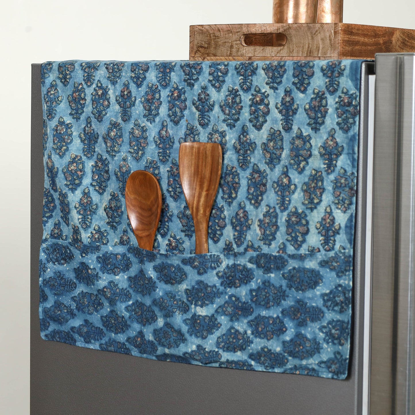 Blue Handmade Cotton Fridge Top Cover with Multiple Pockets