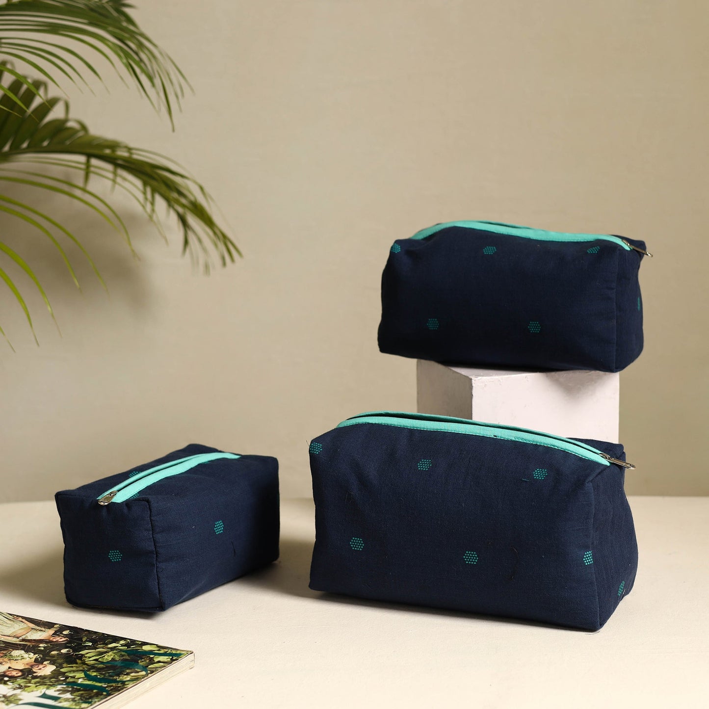 Blue Handmade Cotton Toiletry Bags (Set of 3)