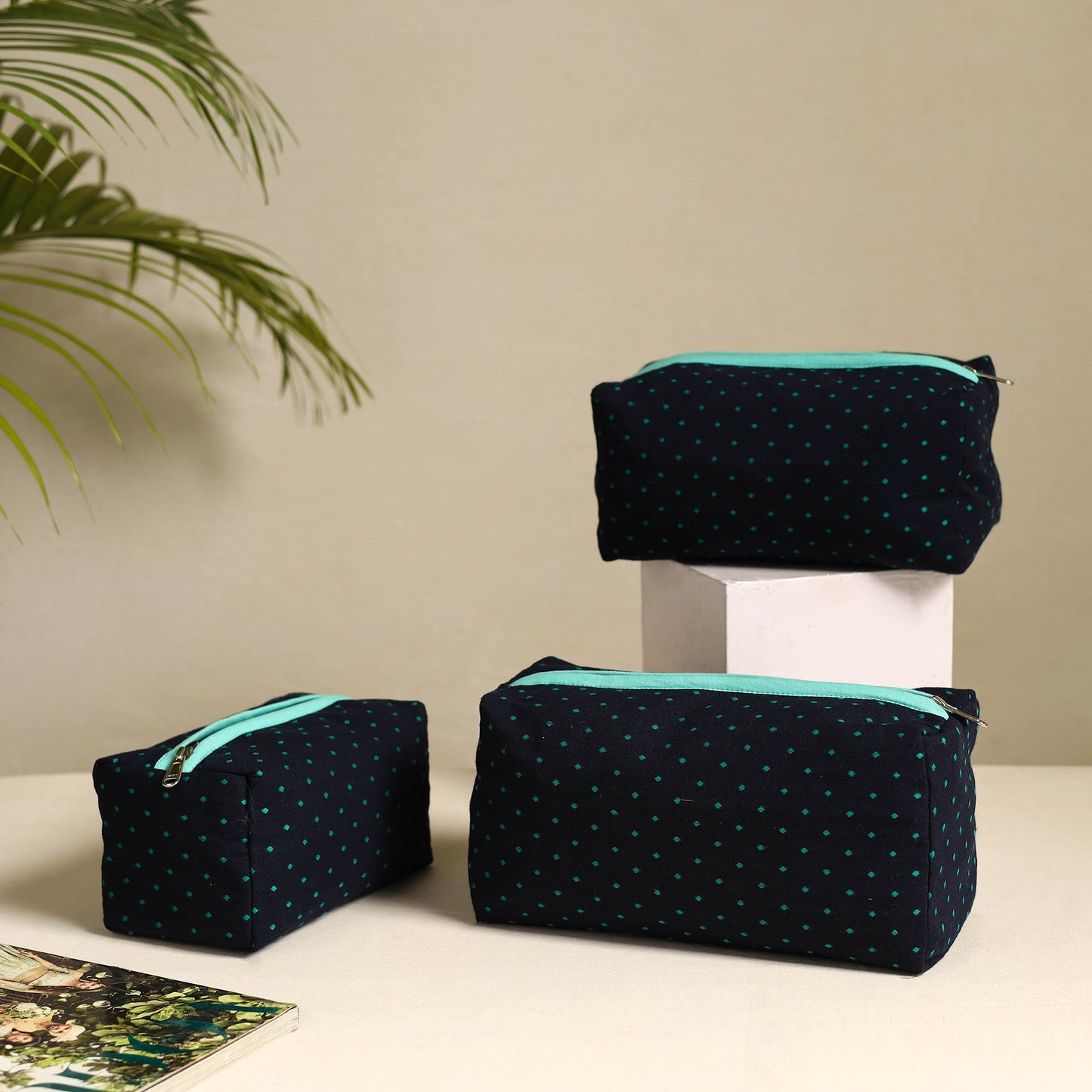 Blue Handmade Cotton Toiletry Bags (Set of 3)