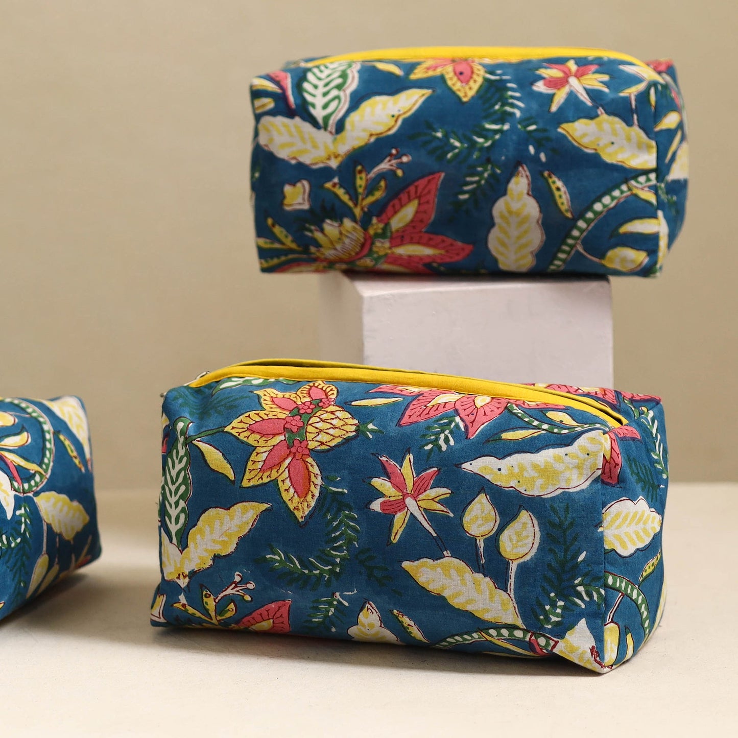 Blue Handmade Cotton Toiletry Bags (Set of 3)