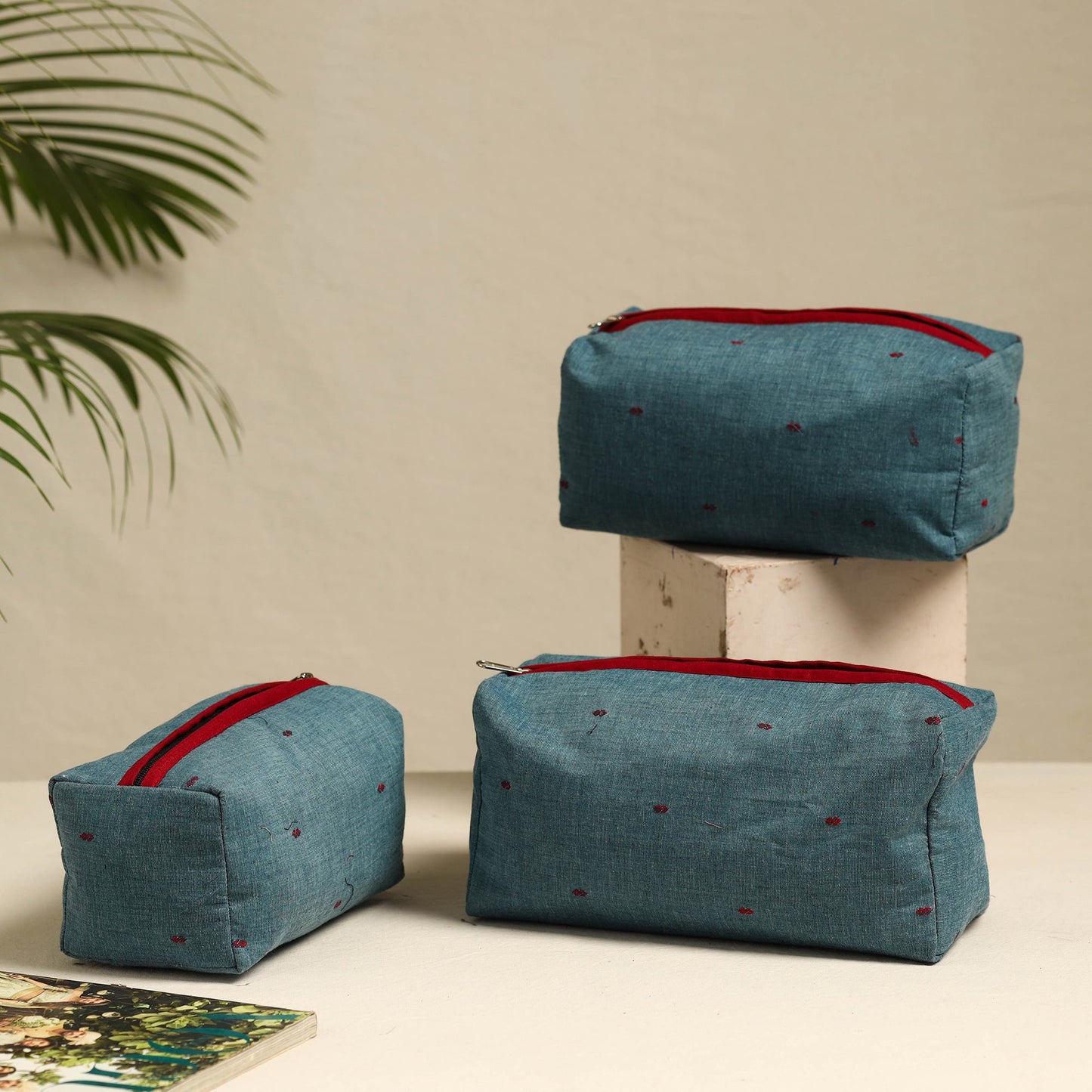 Blue Handmade Cotton Toiletry Bags (Set of 3)