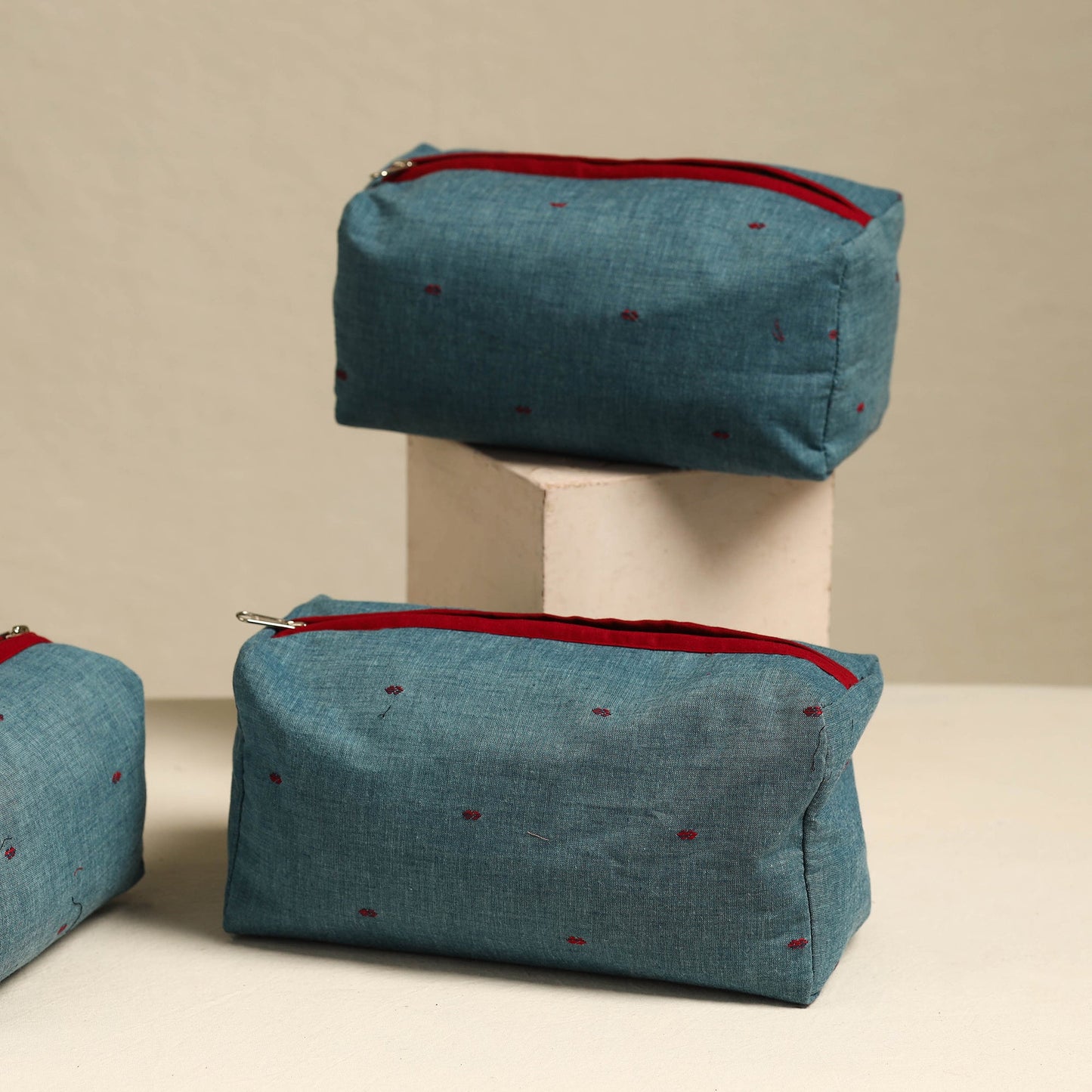 Blue Handmade Cotton Toiletry Bags (Set of 3)