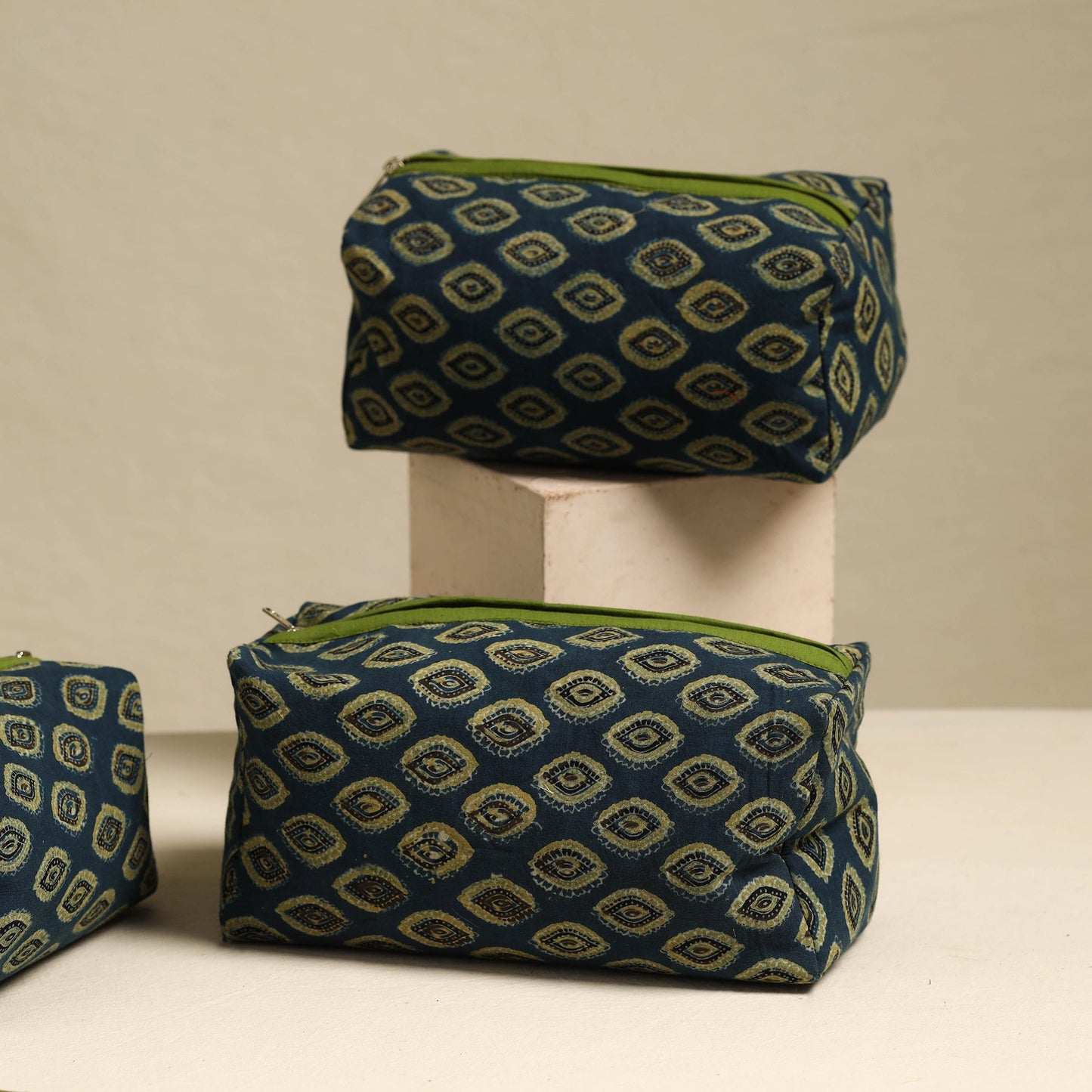 Blue Handmade Cotton Toiletry Bags (Set of 3)