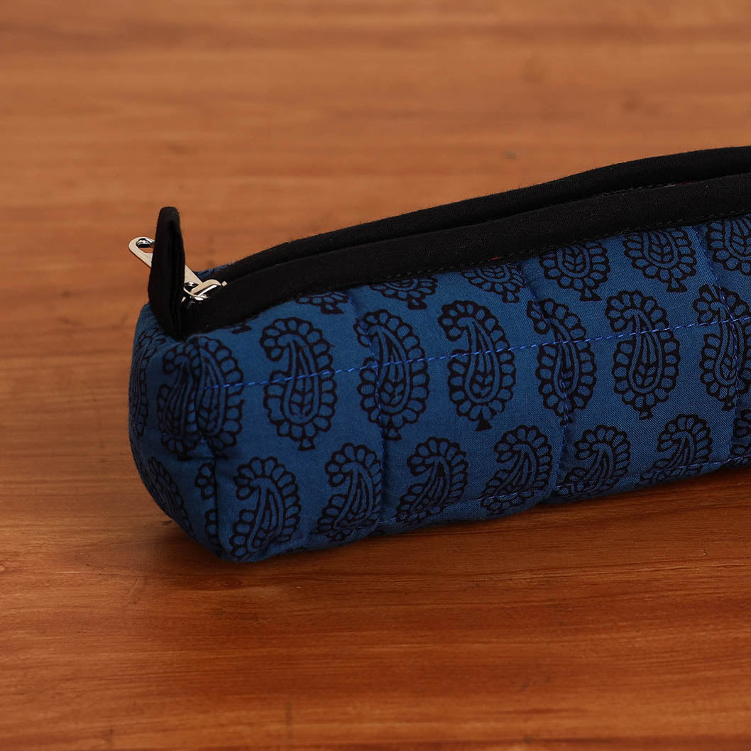 Blue Handmade Quilted Cotton Pencil Pouch