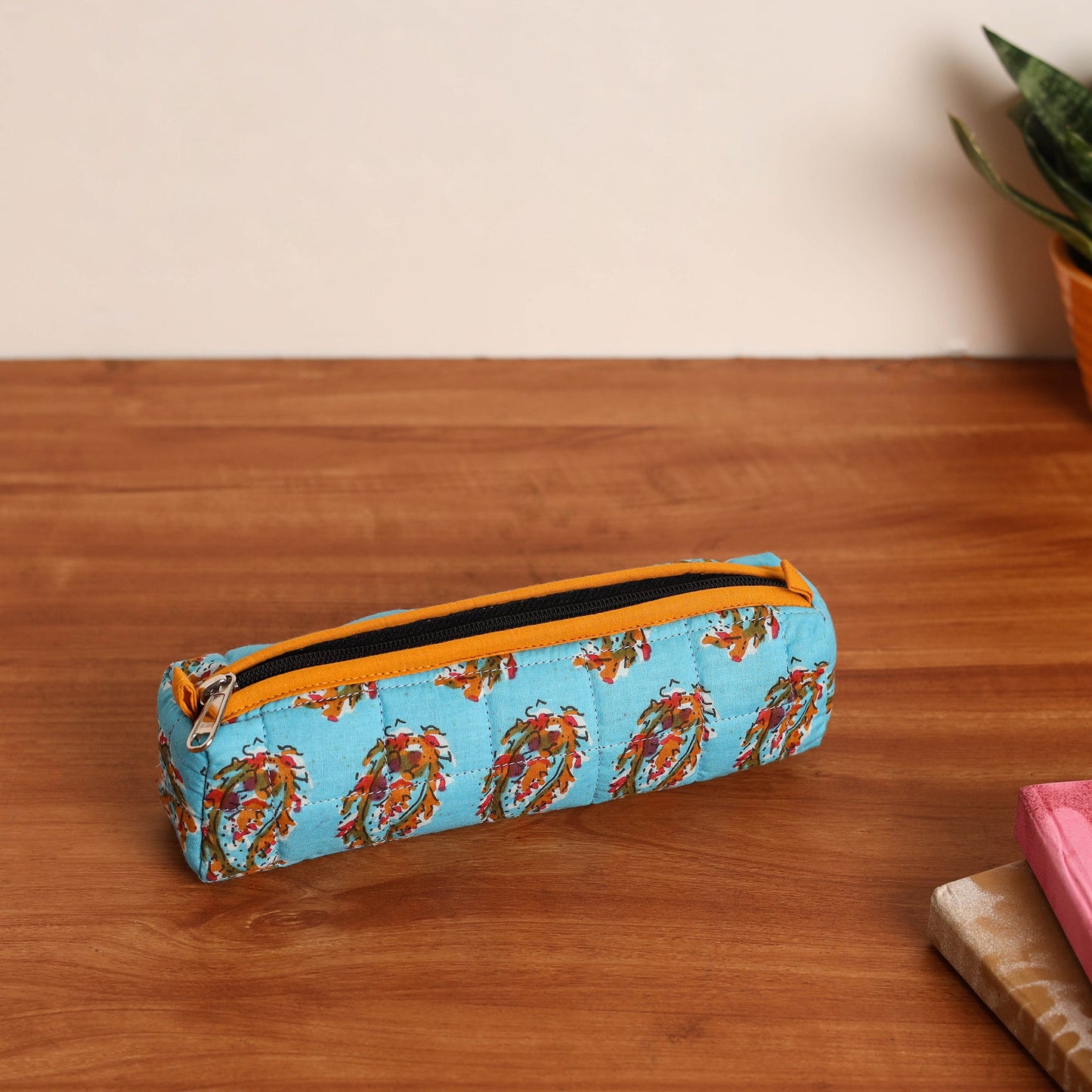 Blue Handmade Quilted Cotton Pencil Pouch