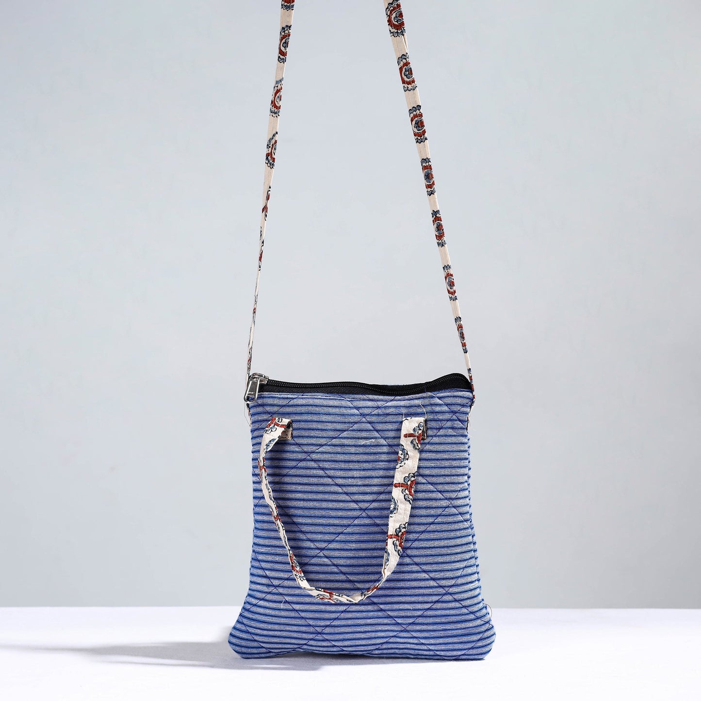 Blue Handmade Quilted Cotton Sling Bag 01