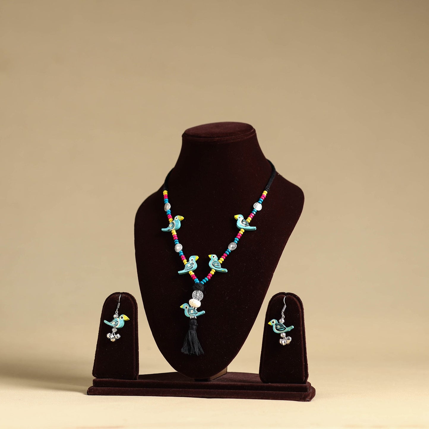 Blue Handmade Wooden Bird Beaded Necklace Set