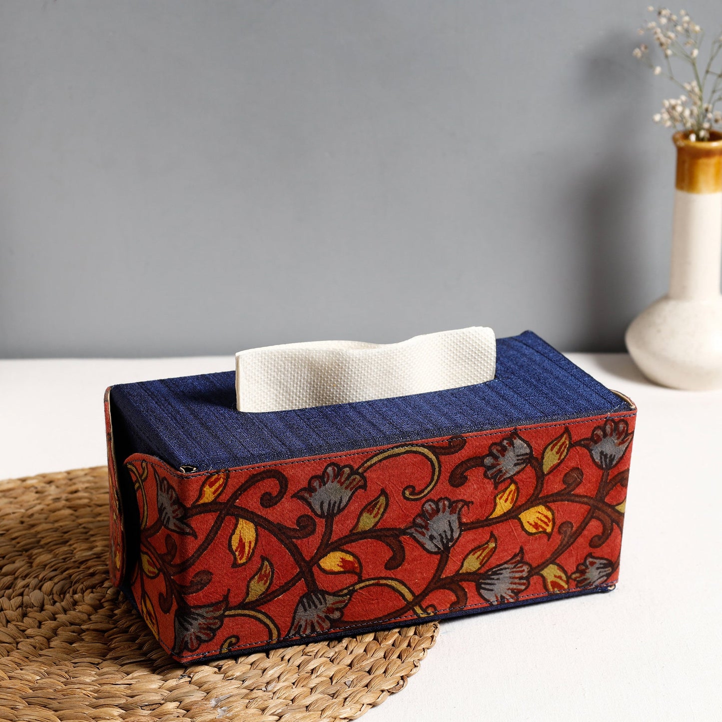 Blue Handpainted Kalamkari Natural Dyed Cotton Tissue Box