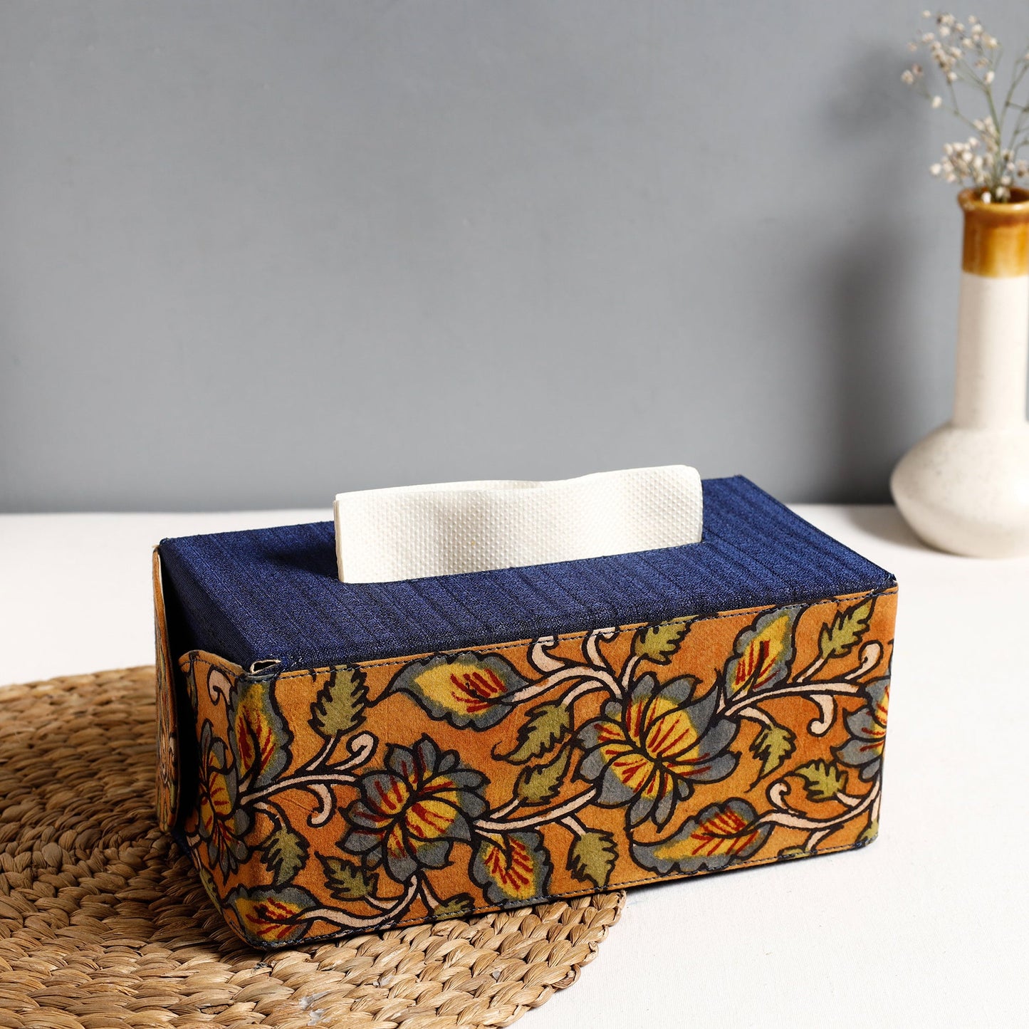 Handpainted Kalamkari Natural Dyed Cotton Tissue Box