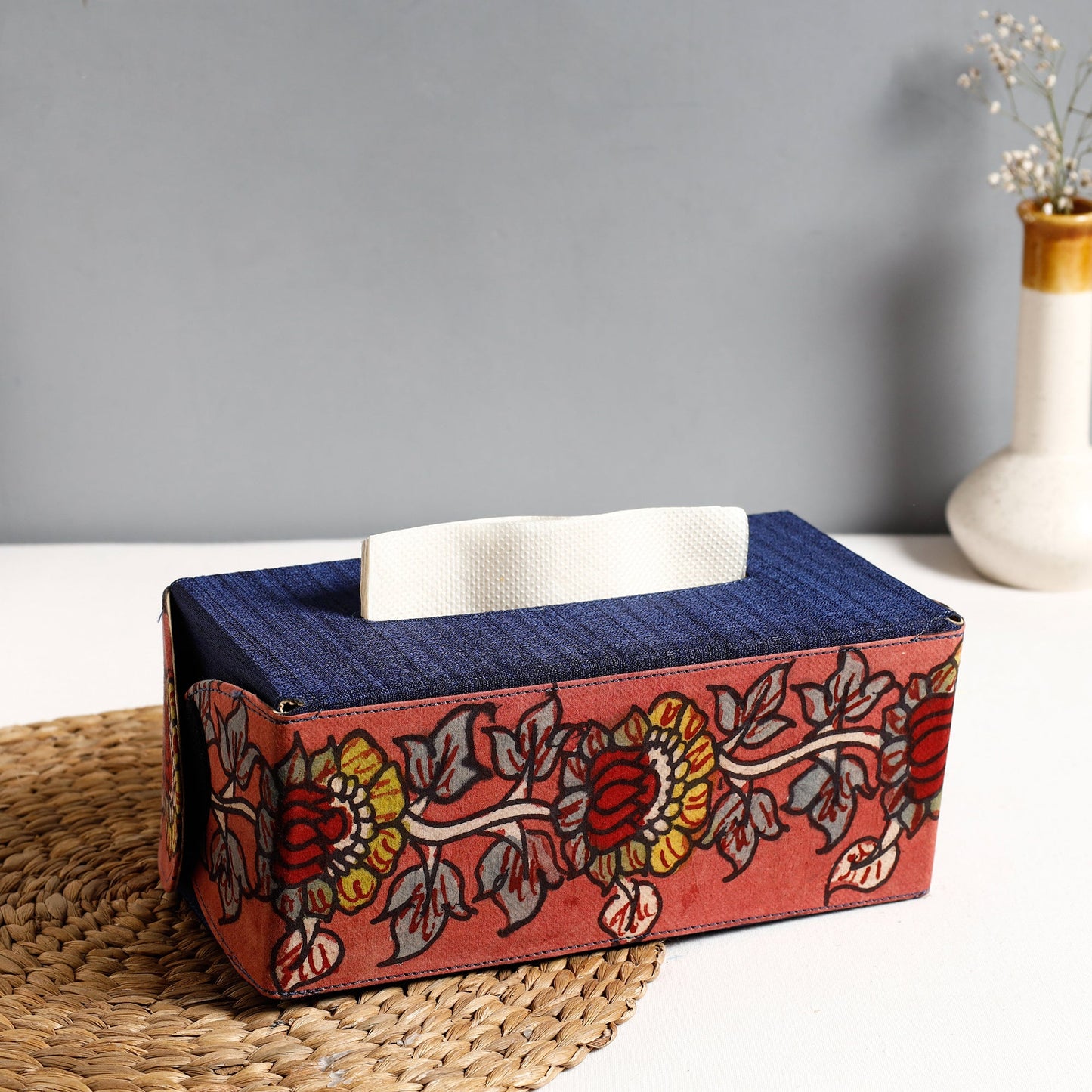 Blue Handpainted Kalamkari Natural Dyed Cotton Tissue Box