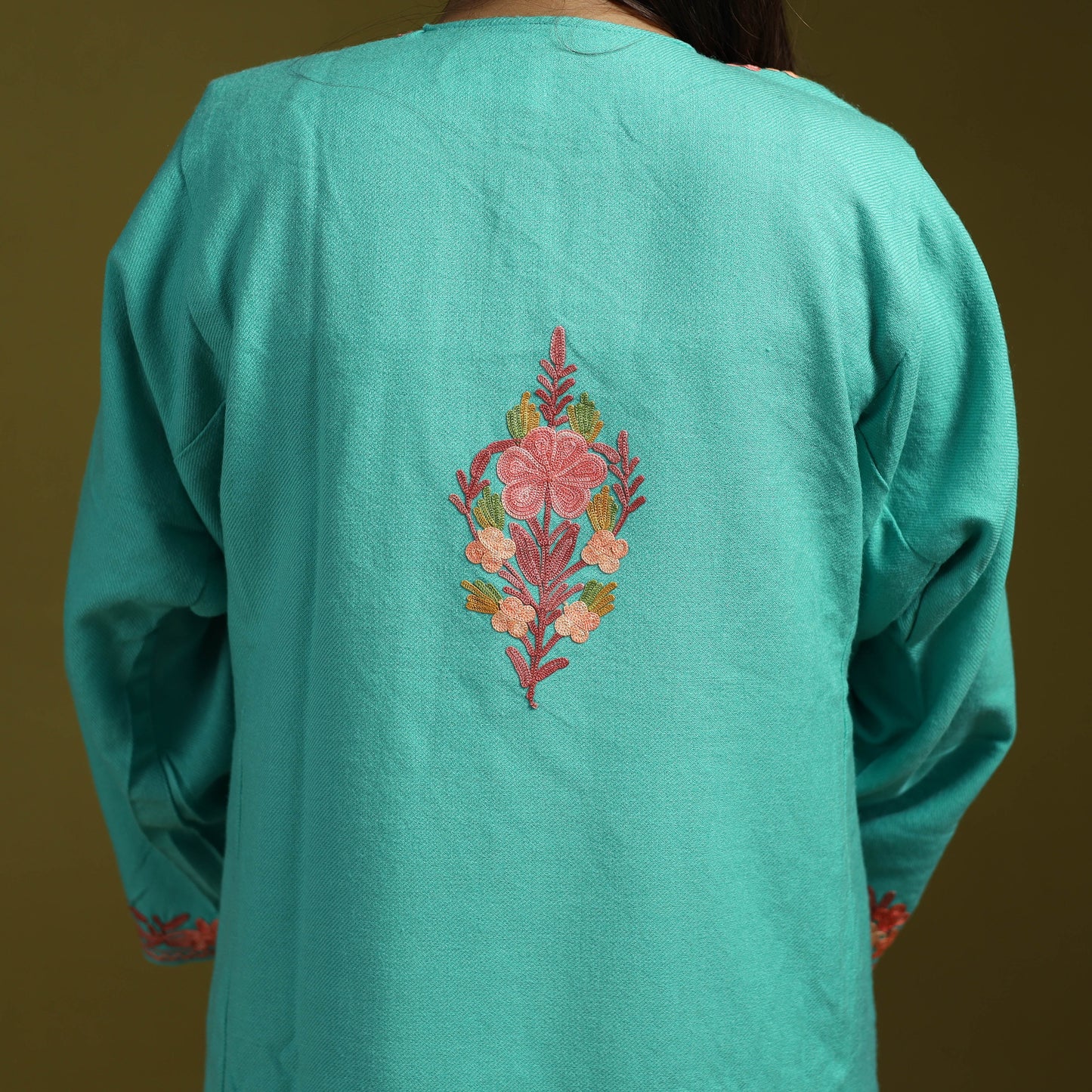 Blue - handwoven aari embroidered kashmiri merino wool