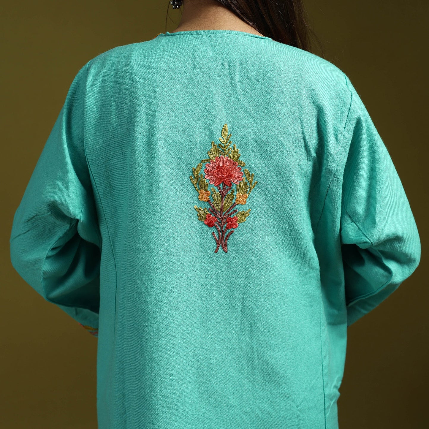 Blue - handwoven aari embroidered kashmiri merino wool