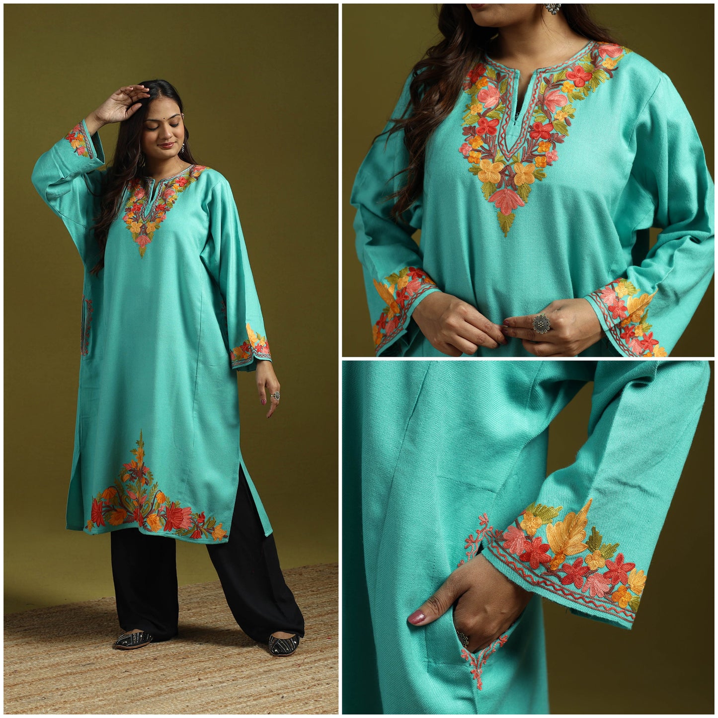 Blue - handwoven aari embroidered kashmiri merino wool