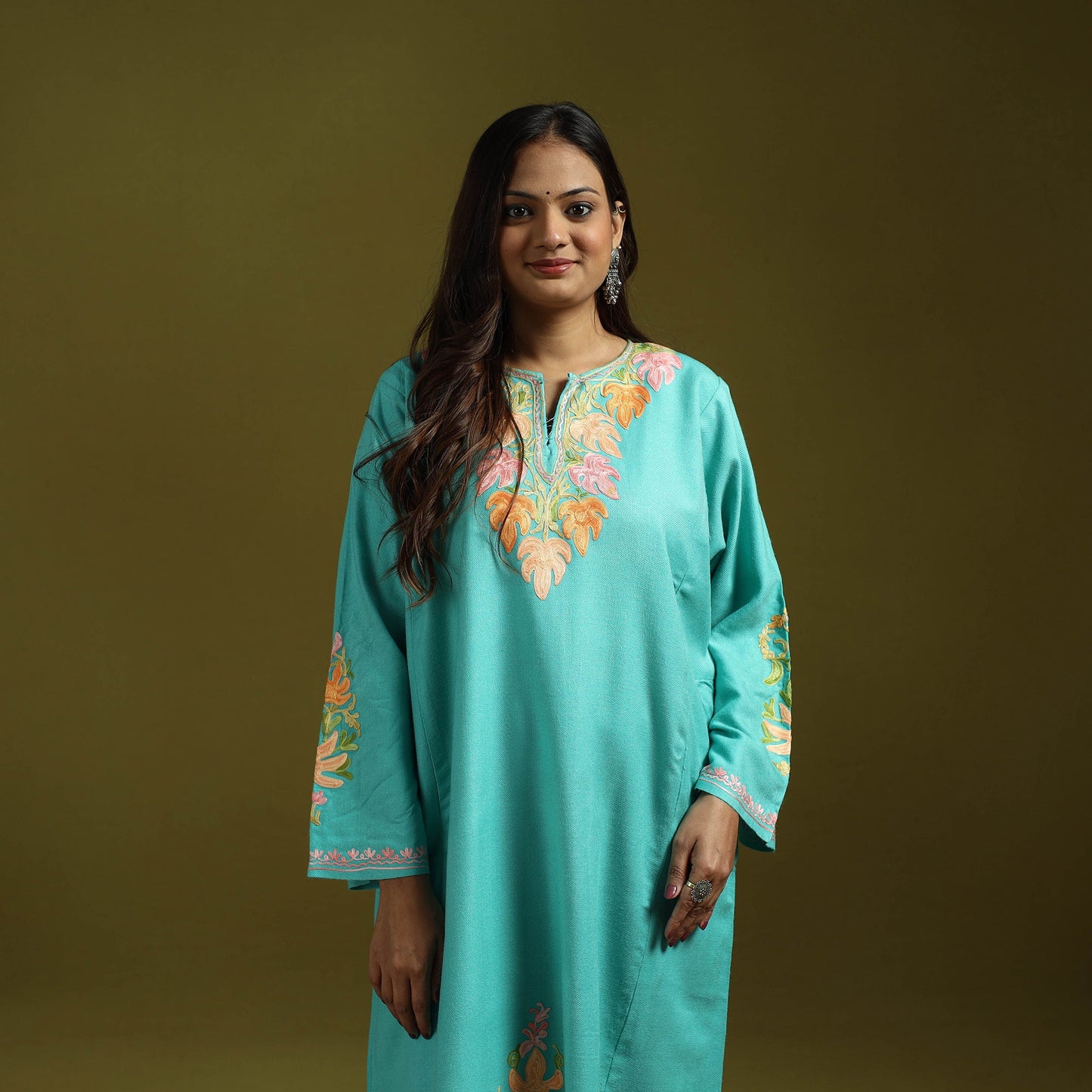 Blue - handwoven aari embroidered kashmiri merino wool