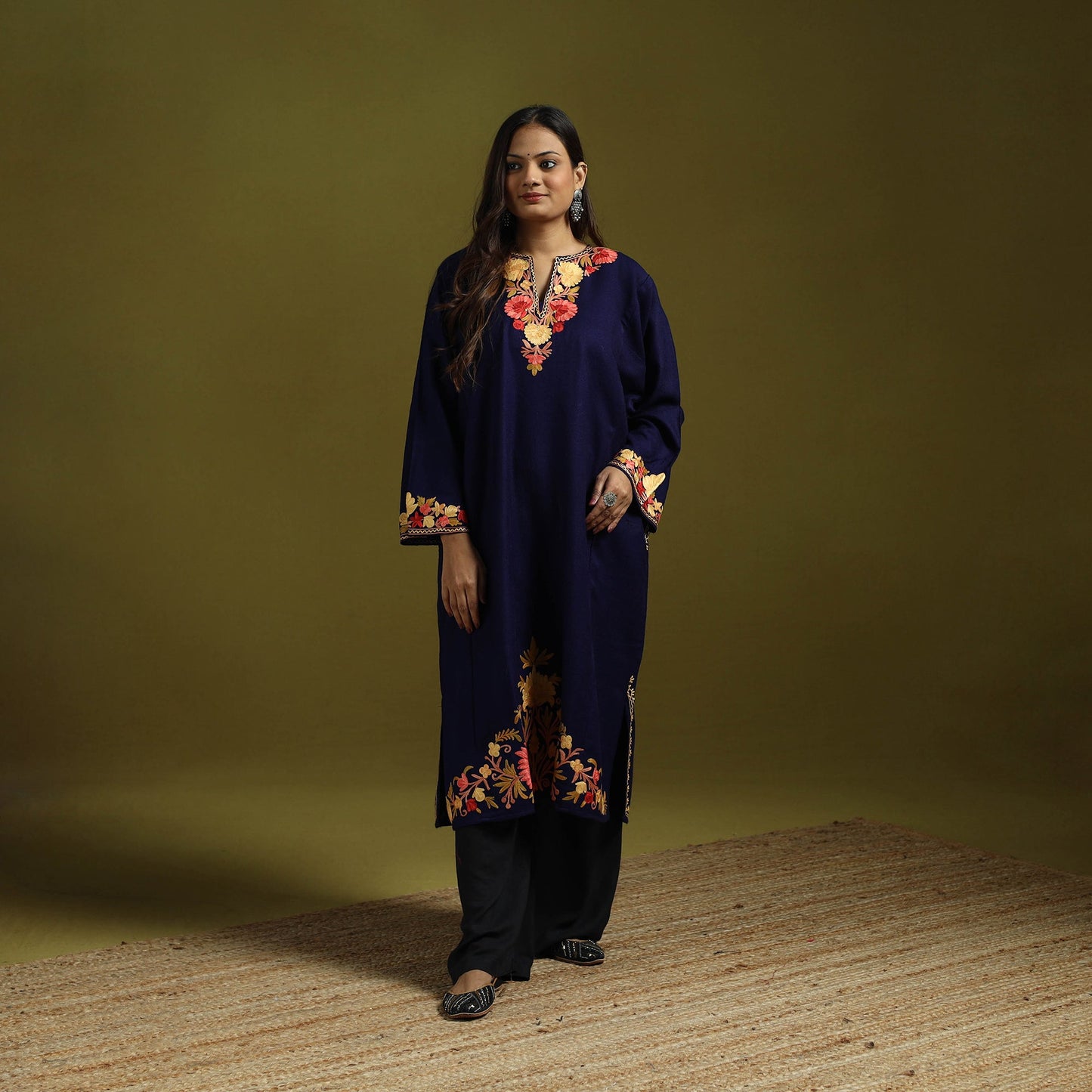 Blue - handwoven aari embroidered kashmiri merino wool