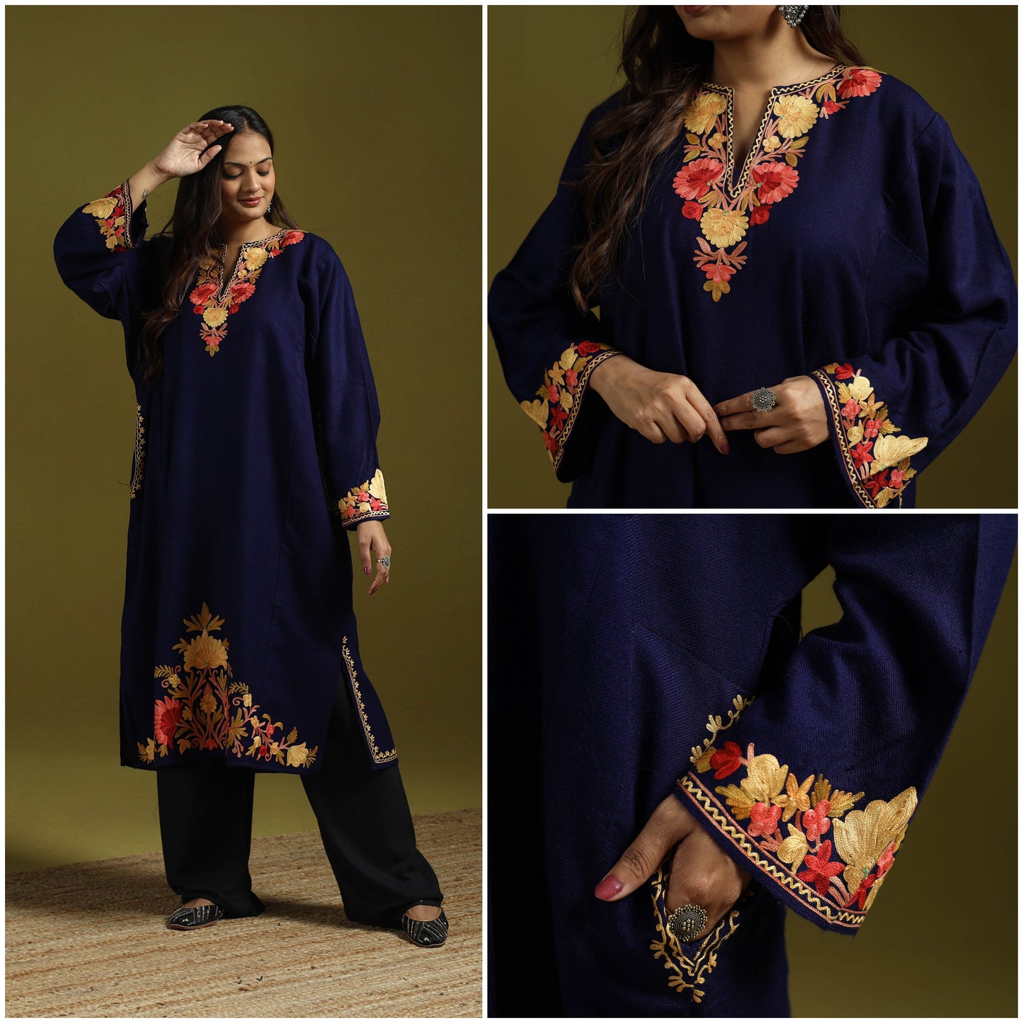 Blue - handwoven aari embroidered kashmiri merino wool