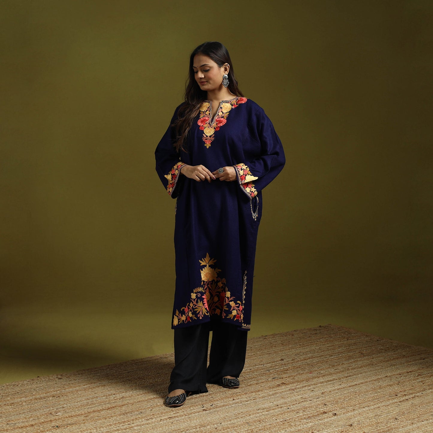 Blue - handwoven aari embroidered kashmiri merino wool