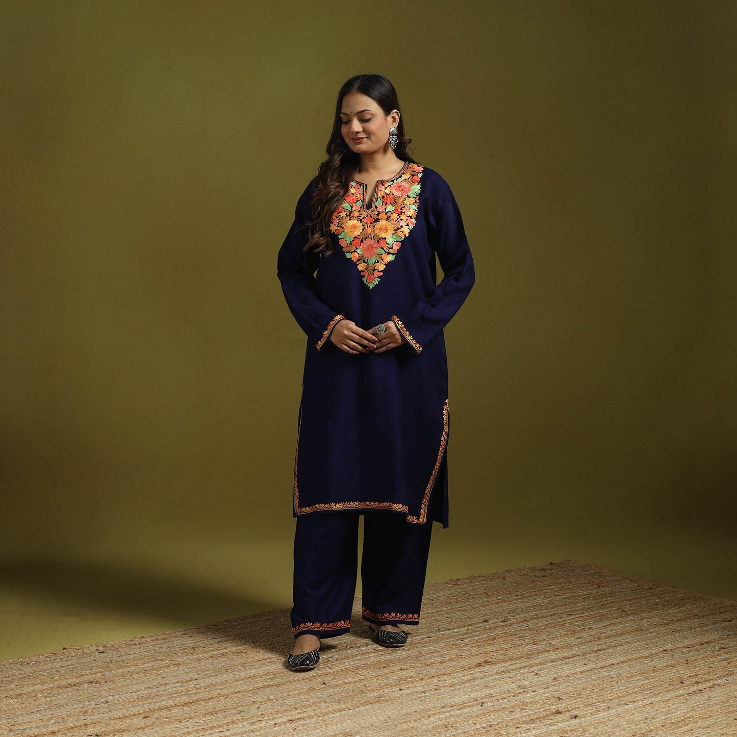 Blue - handwoven aari embroidered kashmiri merino wool