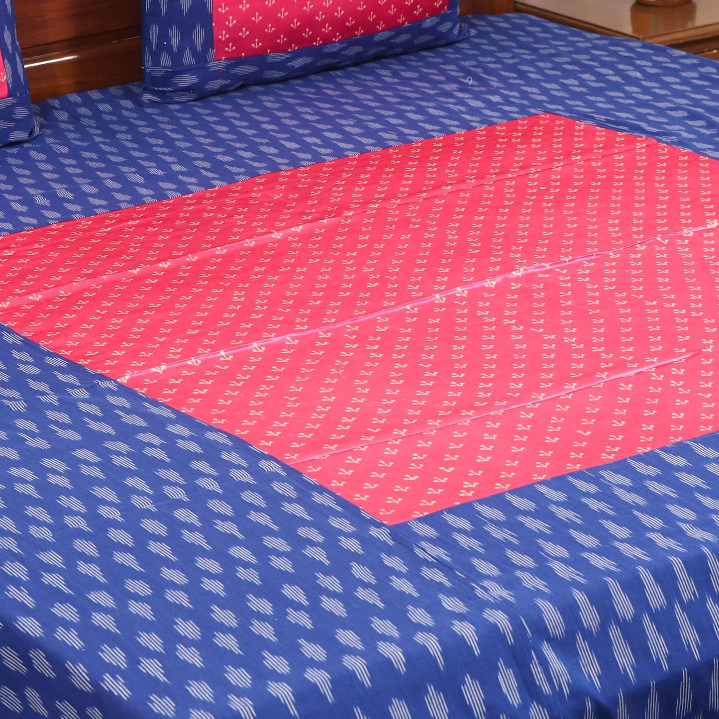 Blue - ikat with modal silk patch cotton bedsheet set 38