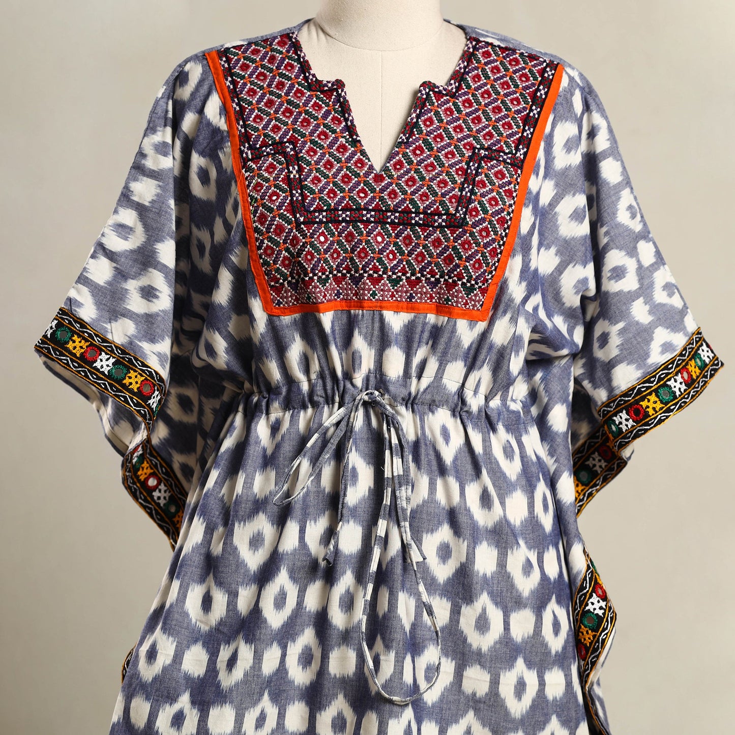 Blue Ikat Cotton Kaftan with Desert Thread Embroidery (Short)