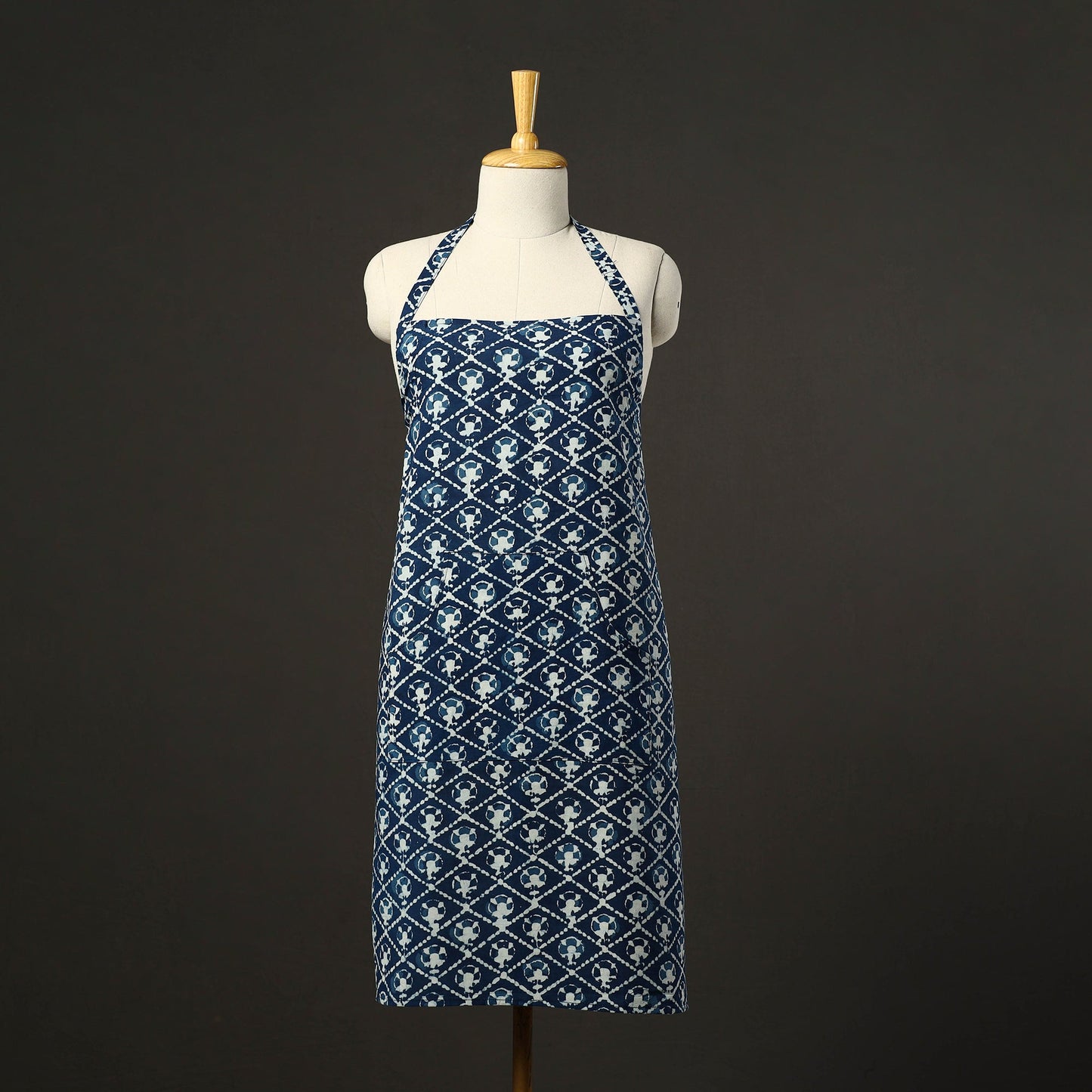 Blue - Indigo - Bagru Block Print Cotton Apron with Pocket 52