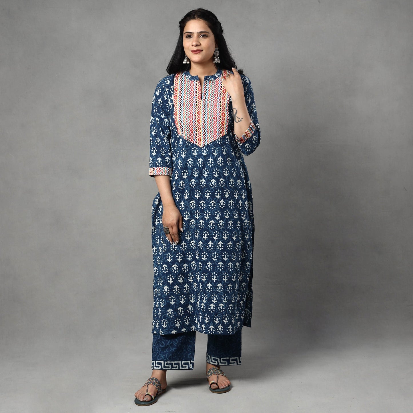 Block Printed Kurta with Palazzo & Dupatta Set
