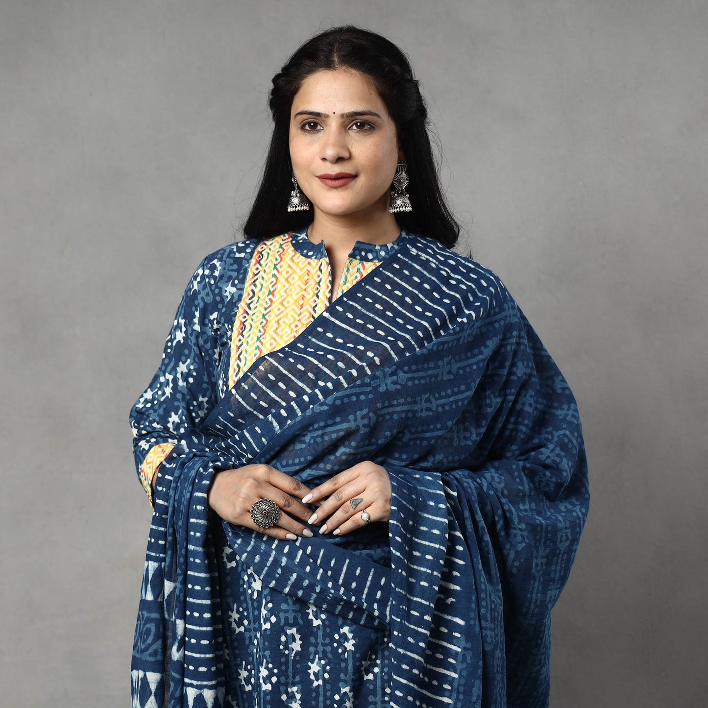 Indigo Block Printed Cotton Kurta with Palazzo & Dupatta Set