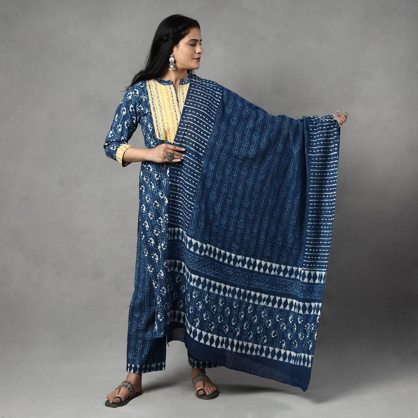 Indigo Block Printed Cotton Kurta with Palazzo & Dupatta Set