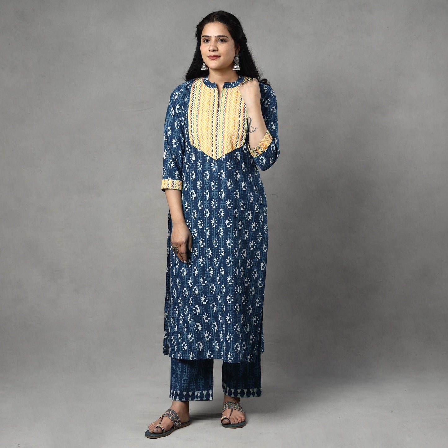 Indigo Block Printed Cotton Kurta with Palazzo & Dupatta Set