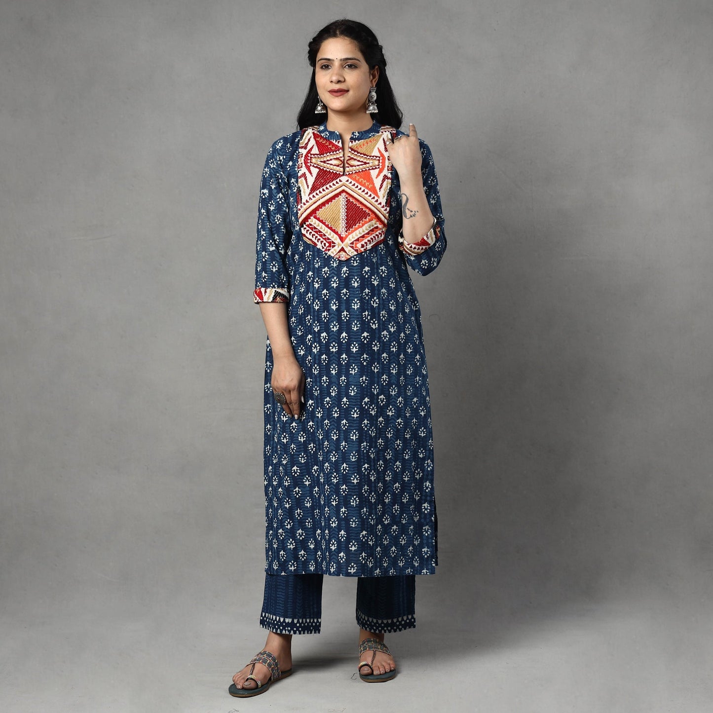 Block Printed Kurta with Palazzo & Dupatta Set