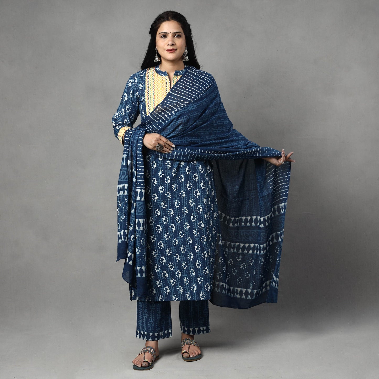 Indigo Block Printed Cotton Kurta with Palazzo & Dupatta Set
