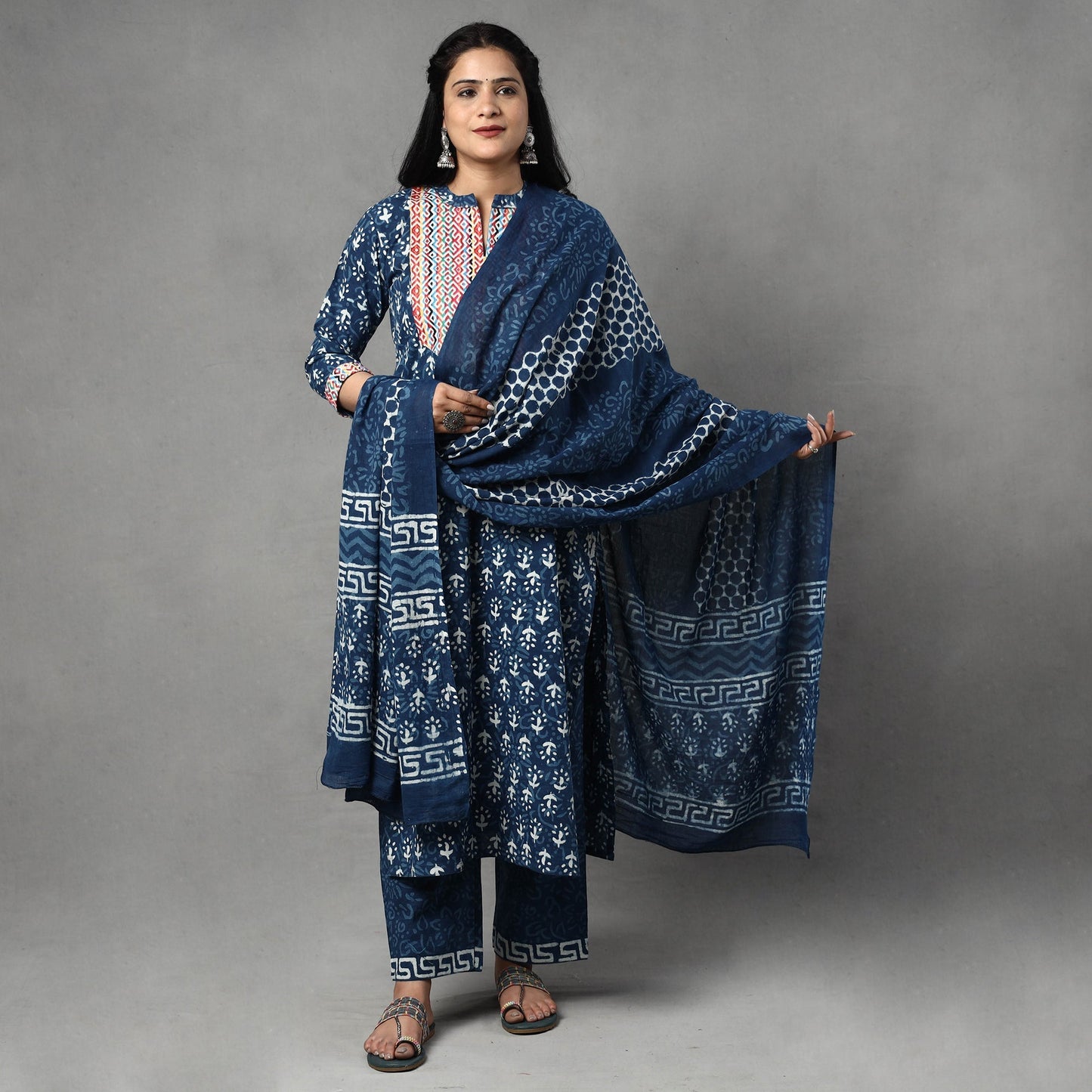 Block Printed Kurta with Palazzo & Dupatta Set