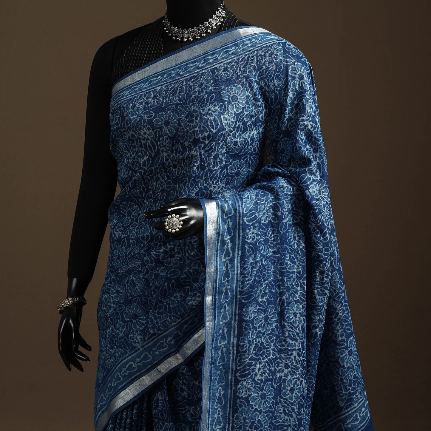 Blue - indigo - printed linen handloom sanganeri saree