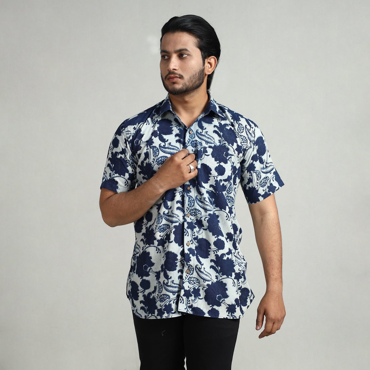 Blue - indigo hand block printed cotton men half sleeve