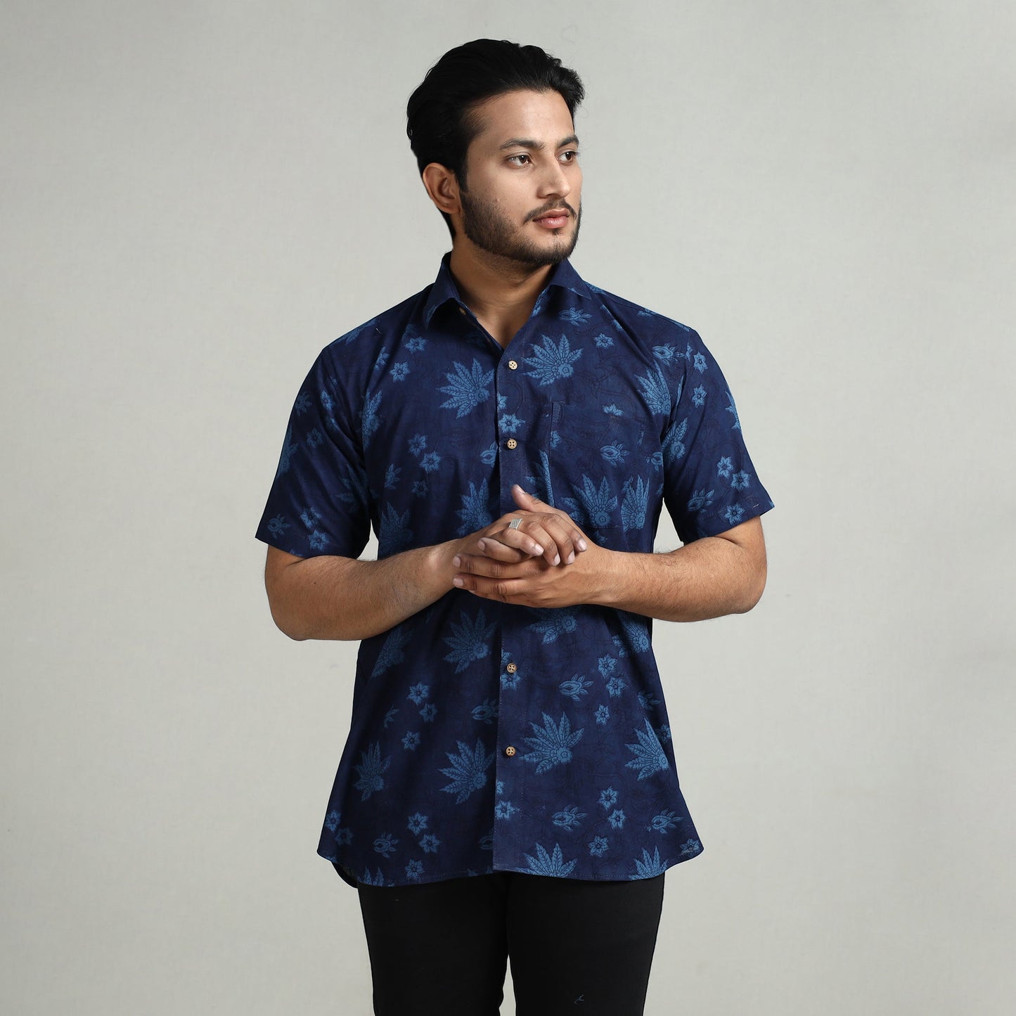 Blue - indigo hand block printed cotton men half sleeve