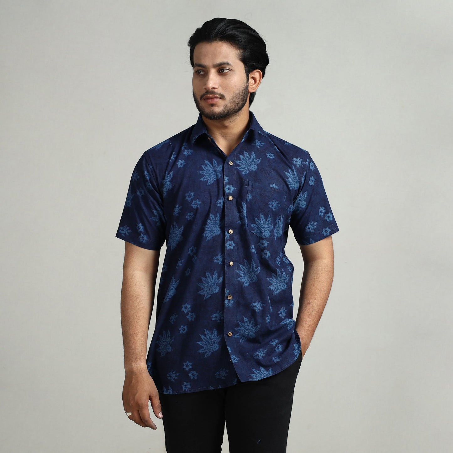 Blue - indigo hand block printed cotton men half sleeve
