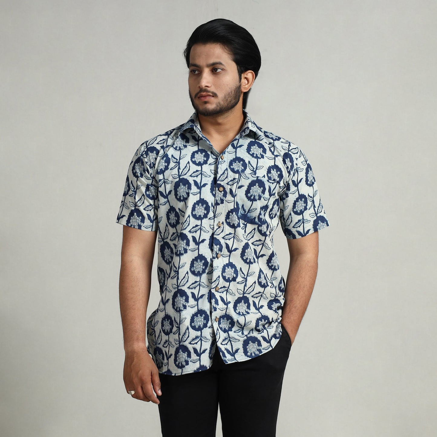 Blue - indigo hand block printed cotton men half sleeve