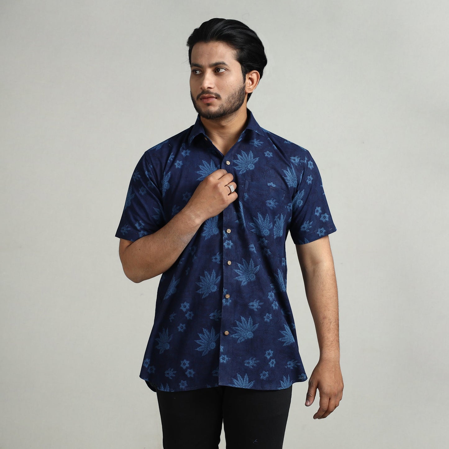 Blue - indigo hand block printed cotton men half sleeve