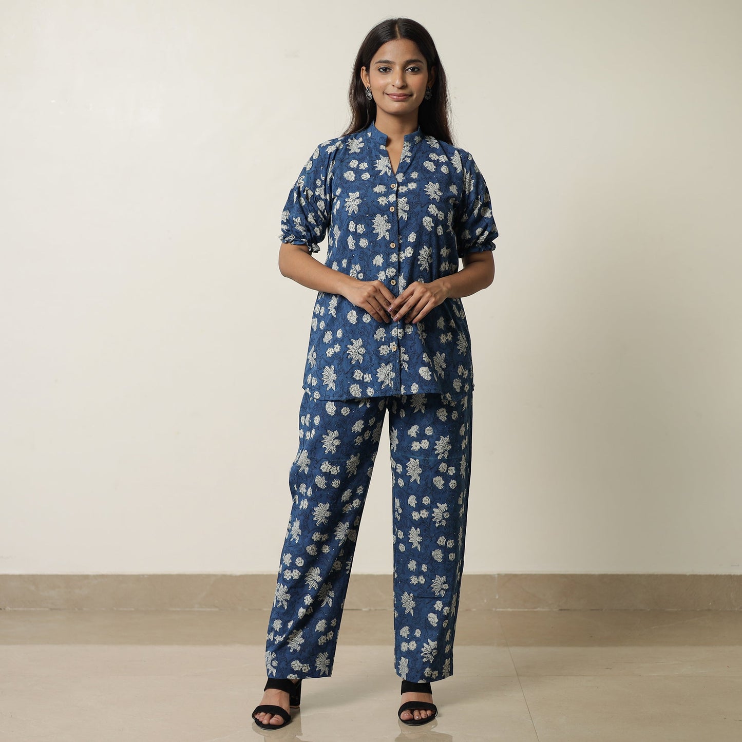 Blue - indigo hand printed cotton co-ord set 01
