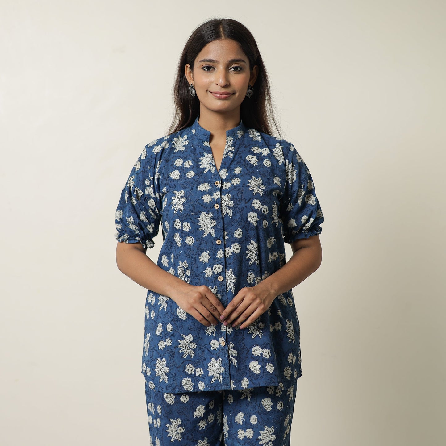 Blue - indigo hand printed cotton co-ord set 01