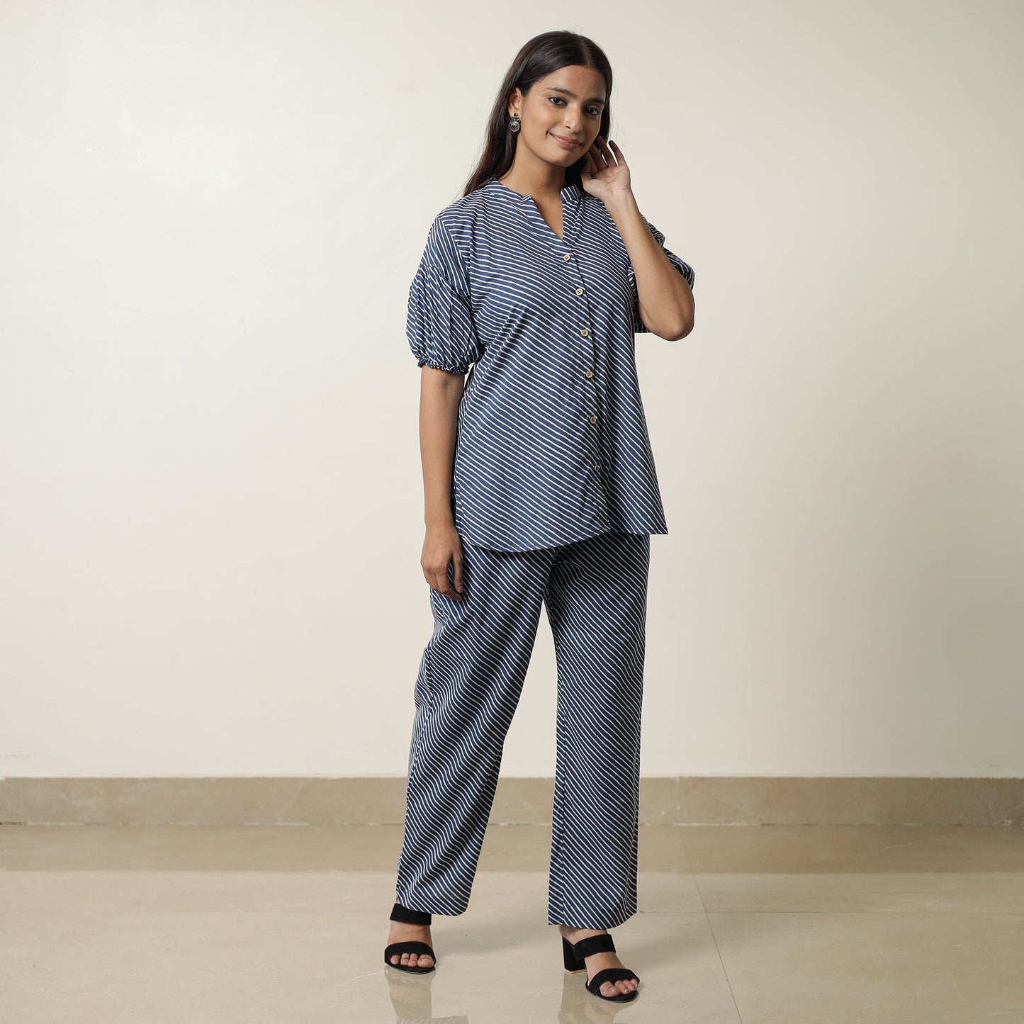 Blue - indigo hand printed cotton co-ord set 03