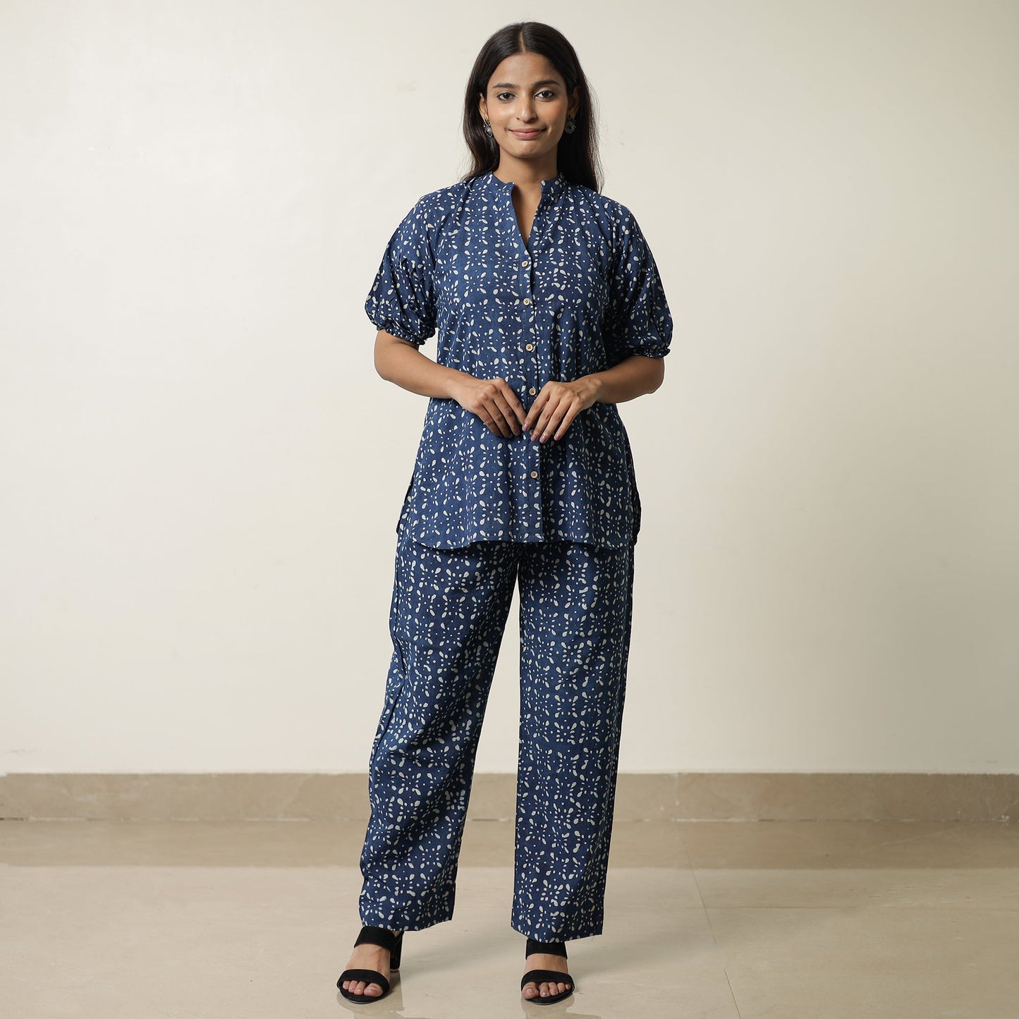 Blue - indigo hand printed cotton co-ord set 04