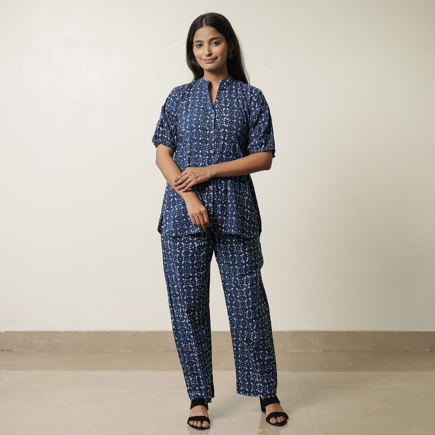 Blue - indigo hand printed cotton co-ord set 04