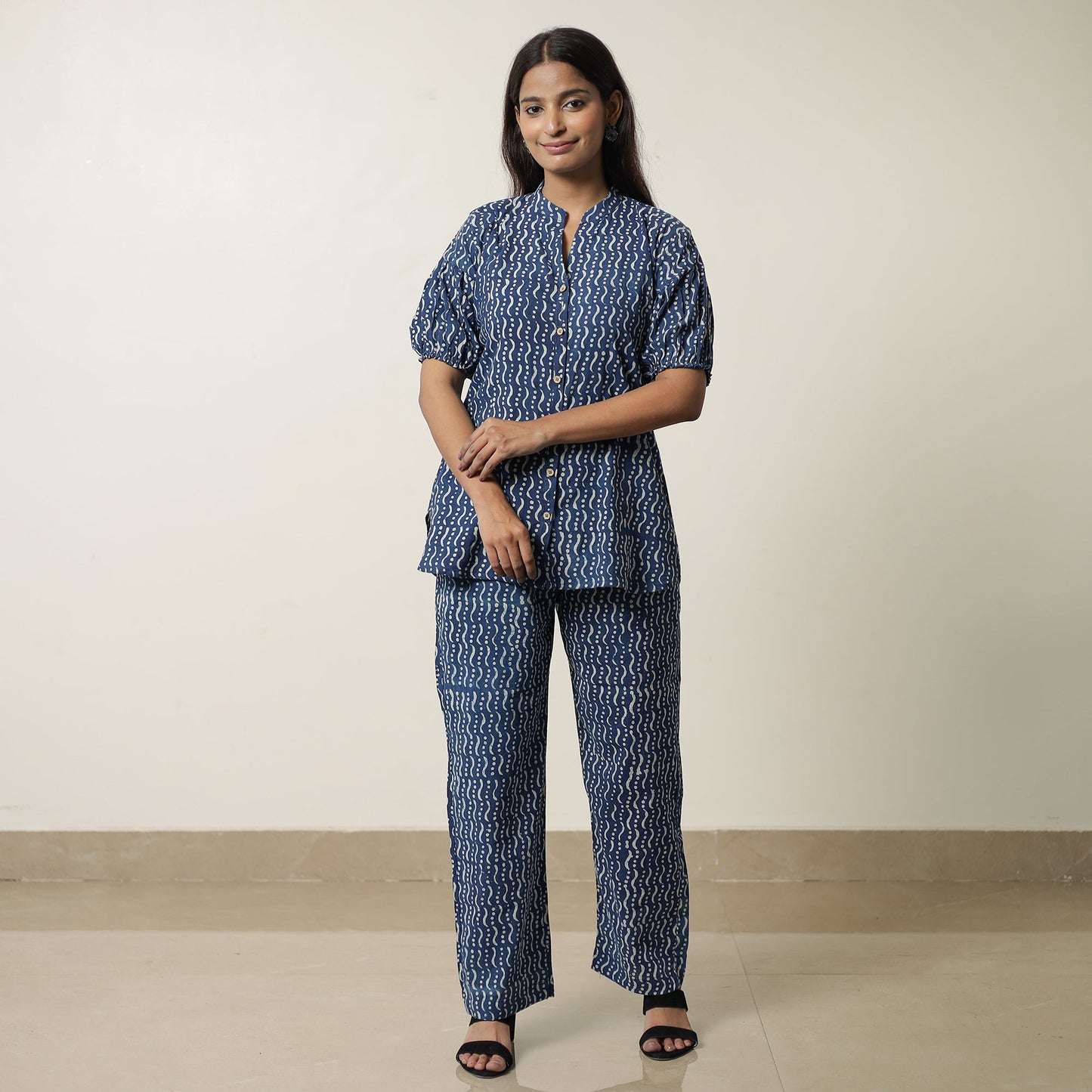 Blue - indigo hand printed cotton co-ord set 06